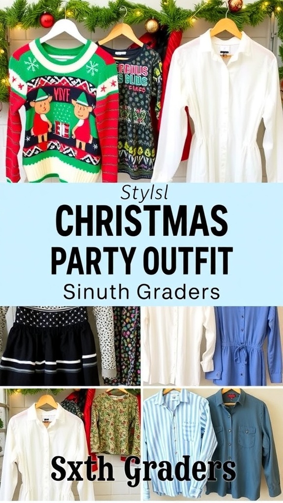 A collection of trendy Christmas party outfits for grade 6, featuring festive sweaters, dresses, and accessories.
